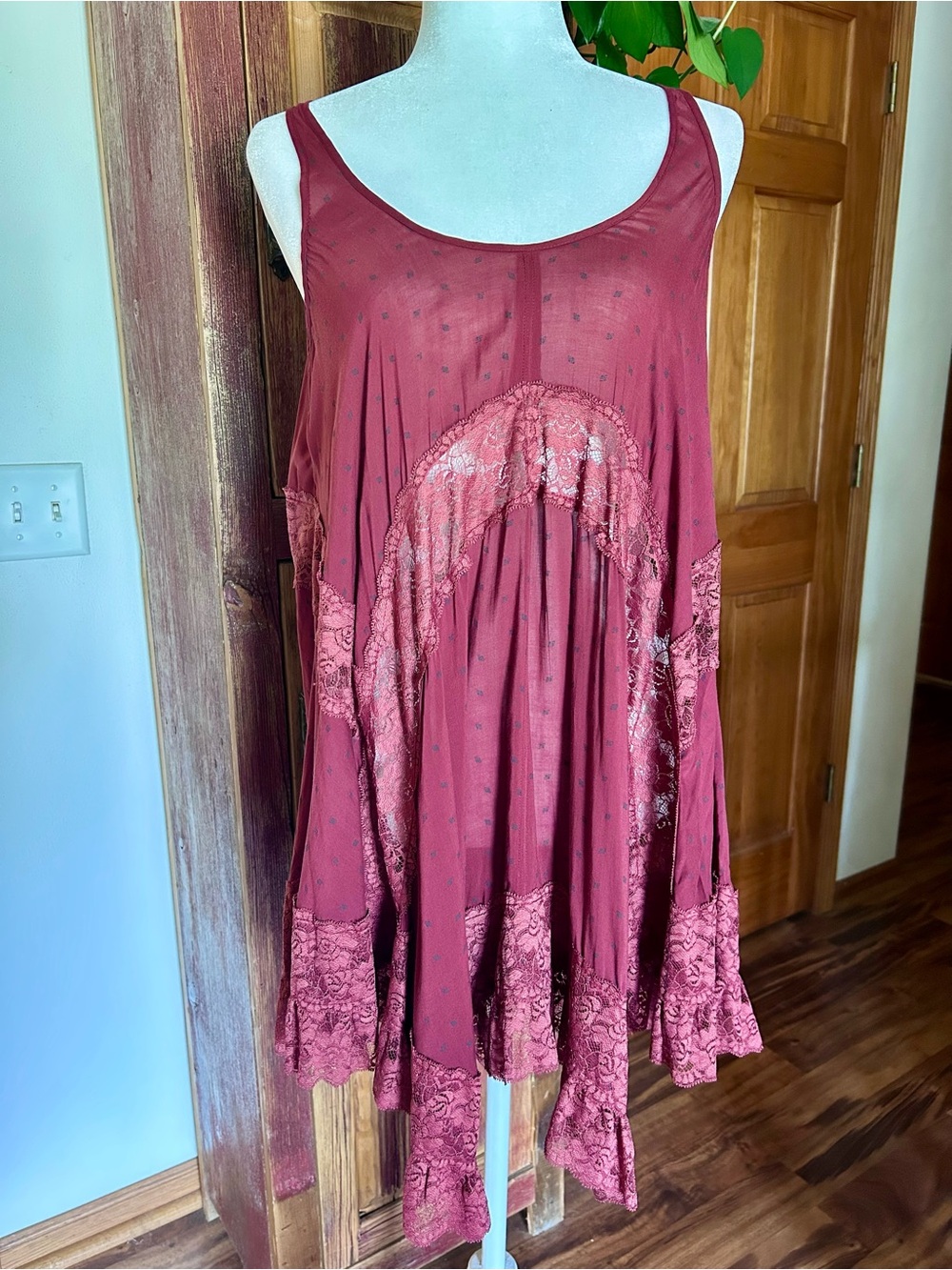 Free People Intimately Sleeveless Lace-Accent Swing Tunic in Wine